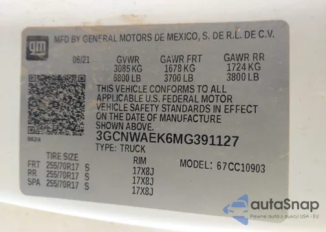 2021 Chevrolet Silverado 1500 2Wd Long Bed Wt z USA, uszkodzony, nr VIN 3GCNWAEK6MG391127